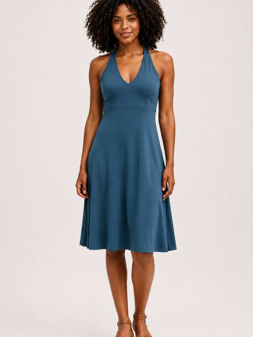 Patagonia Morning Glory Halter Teal Blue Fit Flare Tie Back Shelf Bra Dress XS